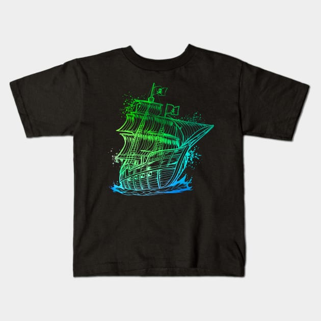 Colourful pirate ship Kids T-Shirt by Modern Medieval Design